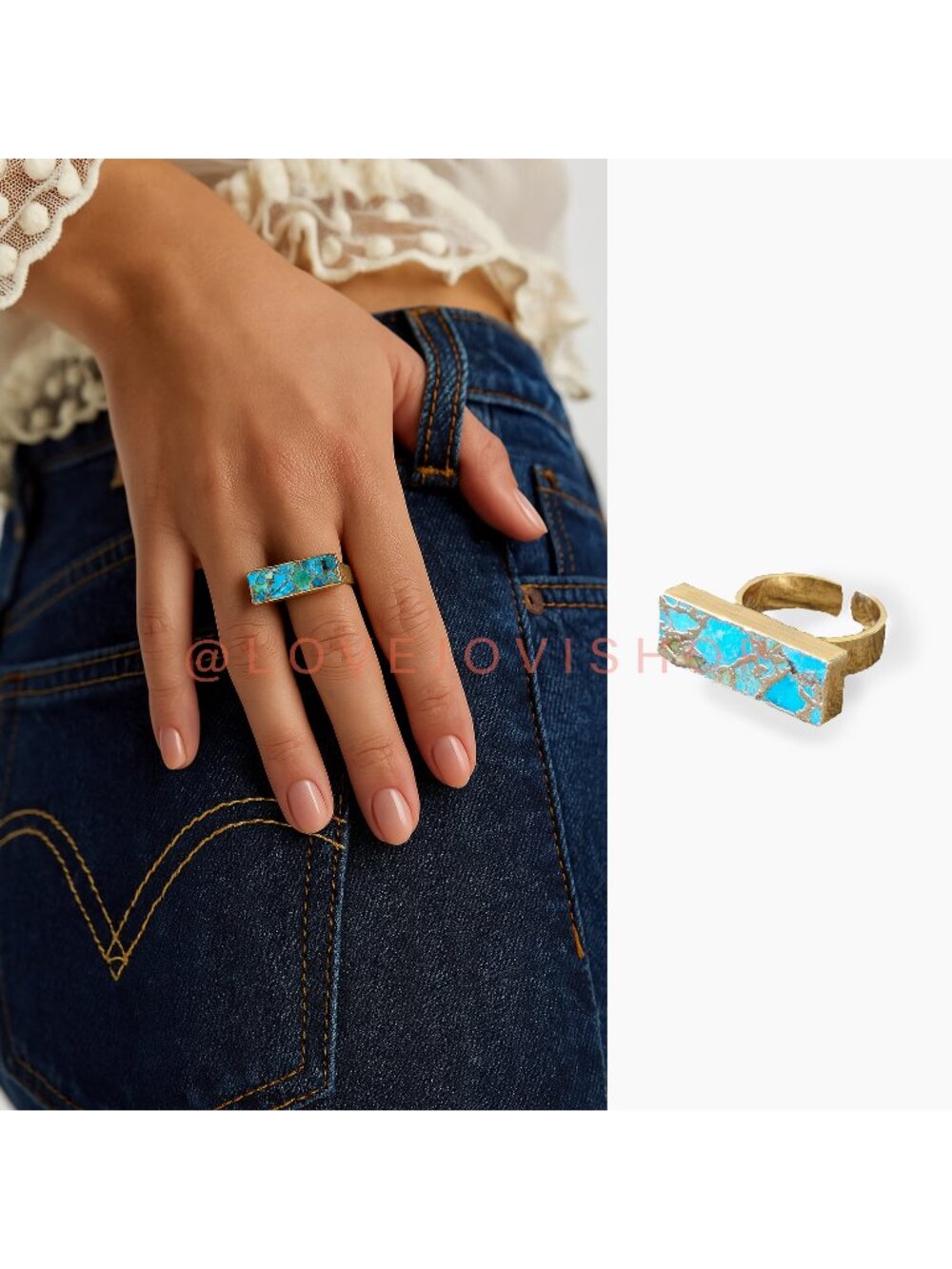 Ring | Turquoise Organic Vein Pattern Rectangle Bar Ring Gold Plated Adjustable